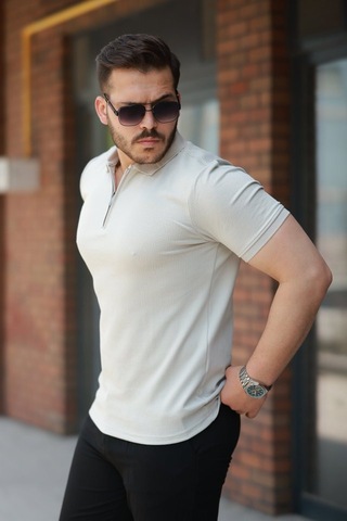 Veraura Lifestyle Erkek Fermuarlı Yaka Kısa Kollu Tişört gri