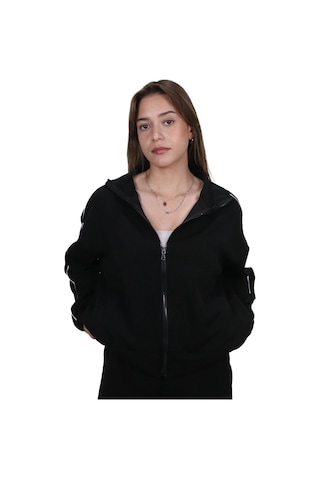 Kadın Modal Kumaş Kontrast Detaylı Rahat Kalıp Siyah Ceket Hırka Lacivert