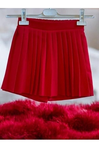 Kız Çocuk Önü Pileli Şort Etek-14904 Kırmızı