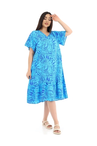 Schık Kadın Viskon Yarım Kol V Yaka Cepli Fırfırlı Elbise Siyah Mavi