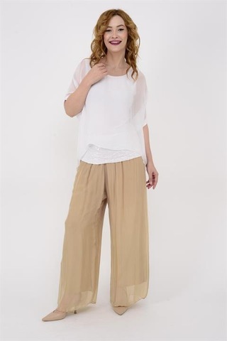 Eren Style Italyan Büyük Beden Uyumlu Astarlı Lastikli Ipek Pantolon 36-50 Beden -9909 Camel
