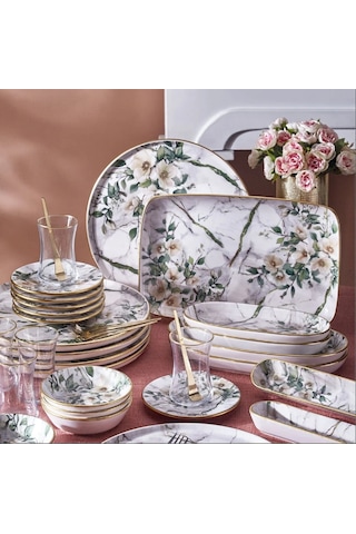 Fecra Monza 35 Parça Gold Fileli Kahvaltı Seti Beyaz