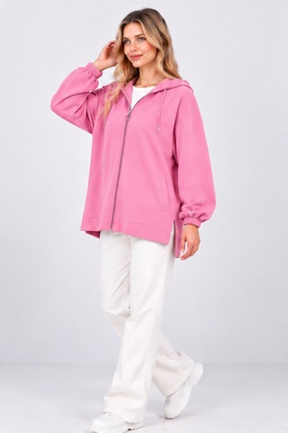 Fiolin Kristal 2 İplik Salaş Fermuarlı Sweatshirt Pembe