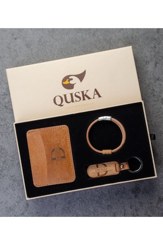 Quska Kişiye Özel İsimli El Yapımı Hakiki Deri Taba Kartlık+anahtarlık+bileklik Set - Grain Minimal Taba