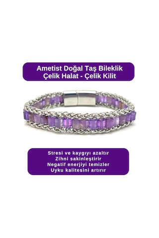 Sertifikalı Ametist Doğal Taş Bileklik Çelik Halat Çelik Kilit Çok Renkli