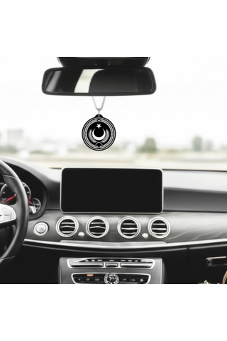 Ay Yıldız Bröve Çift Taraflı Dikiz Aynası Süsü - Premium Piano Black Pleksi Klipsli Zincirli Araç Aksesuarı