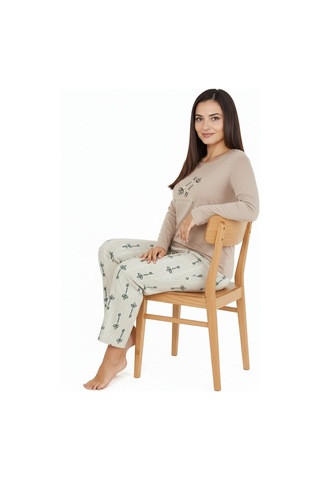Bravie Üstü Yazılı Altı Çizgili Elite Viscose Uzun Büyük Beden Pijama Takımı Pudra 3597 Gri