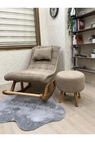 Asedia Miskin Naturel Teddy Kahve Ahşap Ayaklı Peluş Puf Makyaj Koltuğu Yuvarlak Tabure