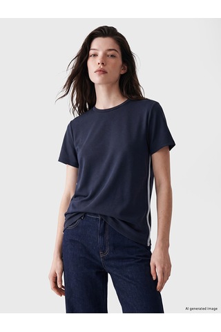 Lcw Comfort Lacivert Şerit Detaylı Soft Touch Kadın Tişört