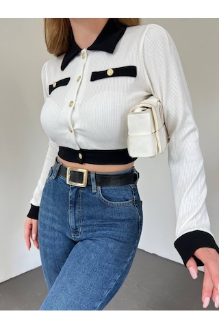 Düğmeli Cep Detaylı Crop Hırka -beyaz Karışık