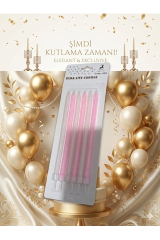 Rima Life Pembe Simli Doğum Günü Pasta Mumu, Parafin, 6'lı Paket, Kokusuz, Silindirik, Parti Dekorasyonu İçin +0