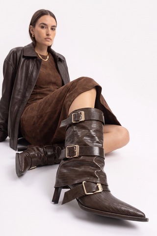 Luvi Shoes Ylva Kahverengi Çizgili Kemerli Kadın Topuklu Çizme