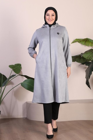 Kadın Büyük Beden Armalı Kapşonlu Kısa Diz Boy Tesettur Süet Pardesü