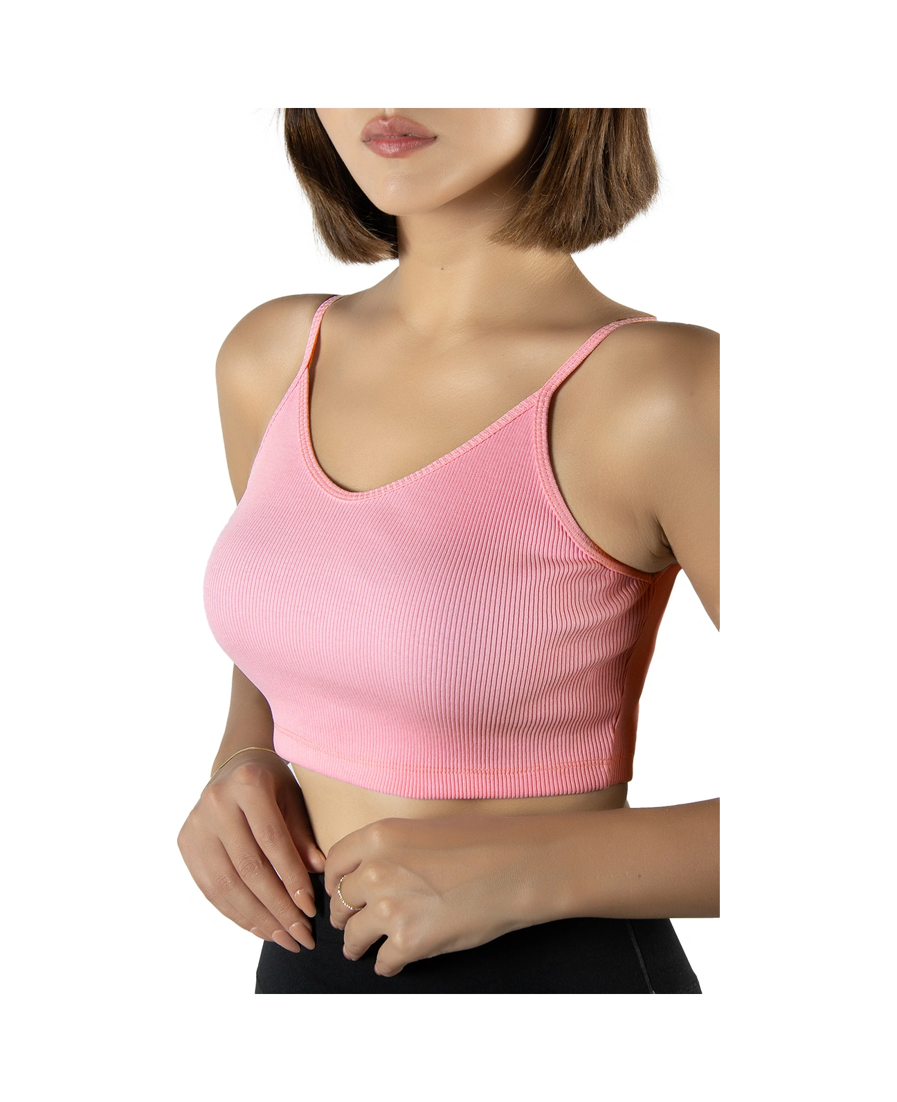 Veaven Şeker Pembe İp Askılı Fitted/vücuda Oturan Fitili Örme Crop Top Bluz Şeker Pembe