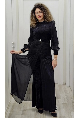 Çiçek Detaylı Çıkarılabilir Etekli Kadife Abiye 2752-siyah Siyah