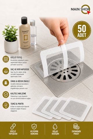 Mainshop Yapışkanlı Banyo Gider Süzgeci 50'li Dev Tasarruf Paketi - Saç Ve Kir Tutucu Tek Kullanımlık Filtre M-740 Çok renkli