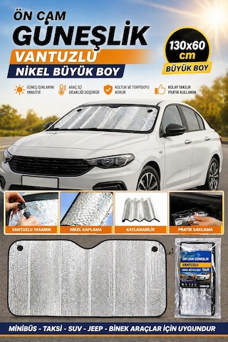 Oto Ön Cam Güneşlik 130x60 Cm Vantuzlu Nikel Araç Güneşliği
