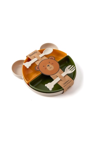 Tucklebery Buddy Ayıcık Mama Tabağı Seti – Yeşil, Sarı, Bej | Çatal-Kaşık + 5 Bölmeli, Eğlenceli & BPA İçermez, Güvenli Mama Tabağ