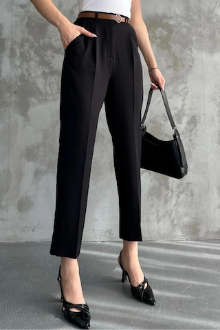 Kadın Dar Paça Pileli Beli Lastikli Mevsimlik Kumaş Pantolon Siyah
