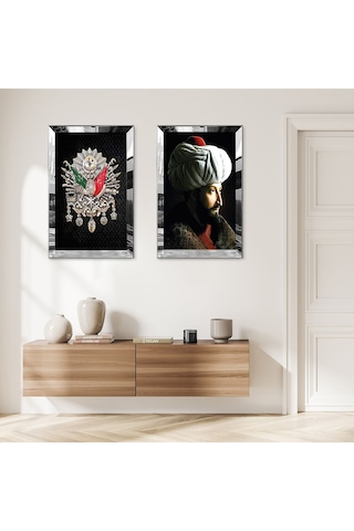Gümüş Aynalı Pleksi Çerçeveli Fatih Sultan Mehmet Ve Osmanlı Tuğrası İkili Mdf Tablo Seti