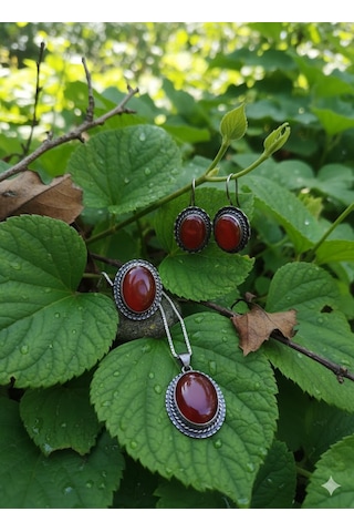 Akik Taşlı Gümüş Set Bronz