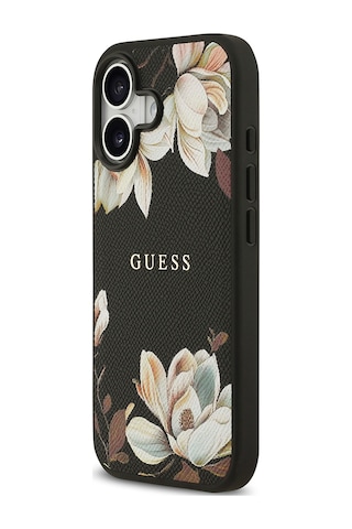 Apple Uyumlu iPhone 17 Kılıf Guess Lisanslı M-safeli Taneli Çiçek Tasarımlı Metal Yazı Logolu Kapak Siyah Siyah