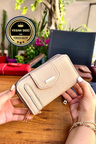Lavinia Krem Vegan Deri Kadın Cüzdan Fermuarlı Ve Mıknatıslı 16x9 Cm Krem