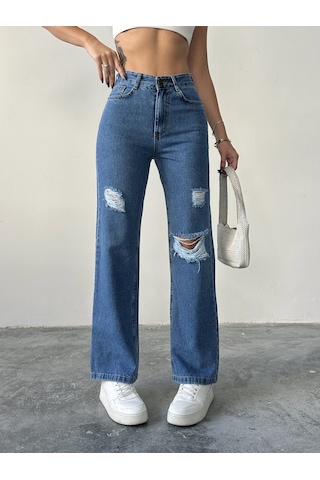 Blue Marlin Kadın Lazer Yırtık İşlemli Boyfriend Kot Bol Paça Pantolon Mavi