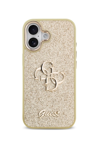 Apple Uyumlu iPhone 17 Kılıf Guess Lisanslı 4g Büyük Metal Kamera Çerçeveli Ve Logolu Glitter Kapak Gold