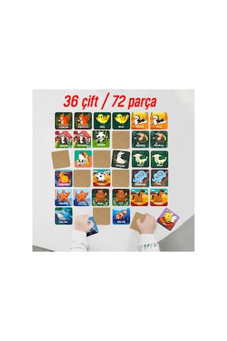 Kututr Ahşap Zeka Kartı Eşleştirme Oyunu 72 Parça Sevimli Hayvanlar İngilizce-türkçe Kartlar