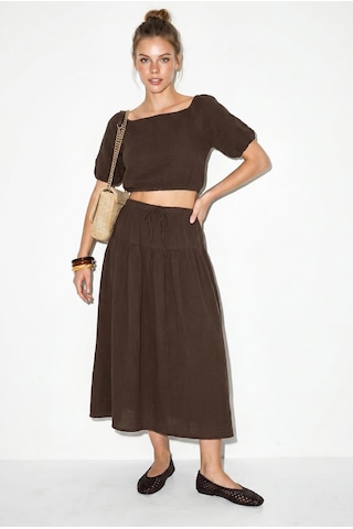 Shade Kadın Balon Kollu Crop Bluz Bağlama Detaylı Pamuklu Müslin Etek Takım Yc2728 60286287 - Acı Kahve Çok Renkli