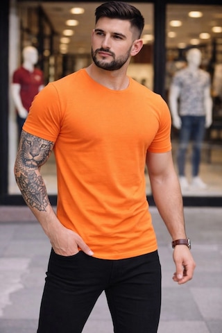 Novalisse Erkek Body Tişört Bisiklet Yaka Slim Fit Likralı T-shirt - Turuncu Çoklu Renk