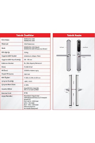 Kale Kd050/50-200 Elektronik Kapı Kolu Kilidi - Şifreli, Parmak İzli, Kartlı