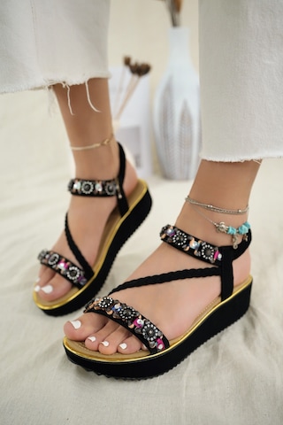 Khayt Claire Anatomik Fashion Taşlı Günlük Kadın Sandalet Siyah