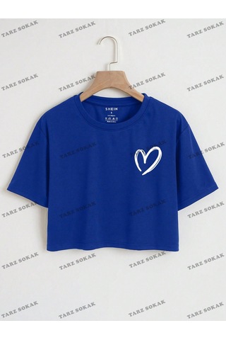 Flood Of Style Crop Ckod-232913 Kalp Desenli Kısa Mavi