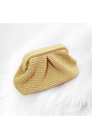 Embahandmade El Yapımı Simli Gold Clutch Çanta İç Astarlı Örgü Abiye Davet Çantası Metalik