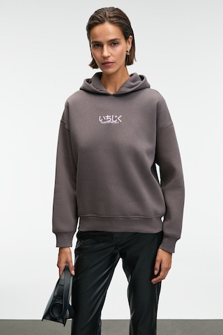 Grimelange YANMESA Kadın Oversize Baskı Ve Nakış Detaylı Uzun Kollu Kapüşonlu Antrasit Sweatshirt