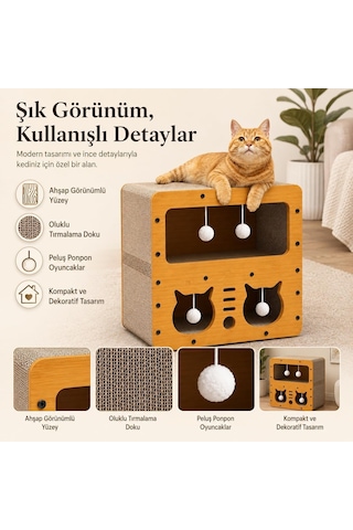 Kedi Tırmalama Evi - Ahşap Kedi Oyun Evi 45x28x51 Cm - Çift Katlı Karton Tırmalama Tahtalı Uyku Yuvası - Peluş T