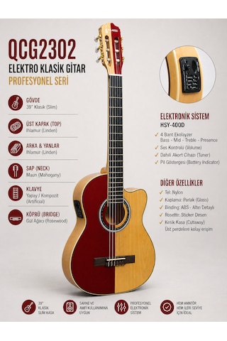 Valares Qcg2302c Elektro Klasik Gitar 39 İnç 4/4 Kesik Kasa 4 Bant Ekolayzerli Sahne Ve Amfi Uyumlu Çift Renk