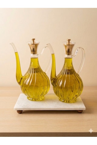 Çizgili Tasarım Gold Kafalı Mermer Stantlı Borosilikat Cam Glorry Cam Yağlık 700 Ml+700 Ml Şeffaf