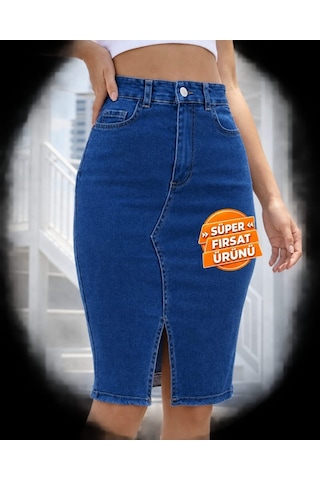 Veraura Lifestyle Kadın Yüksek Bel Önden Yırtmaçlı Kısa Kot Etek Lacivert