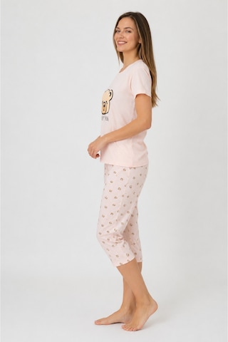 Pijamask Kadın Açık Pembe Ayıcık Baskılı Kısa Kollu Kapri Pijama Takımı P100-843 Pudra