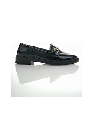 Muggo Sussie Garantili Metal Tokalı Kadın Loafer Günlük Ayakkabı Siyah Rugan