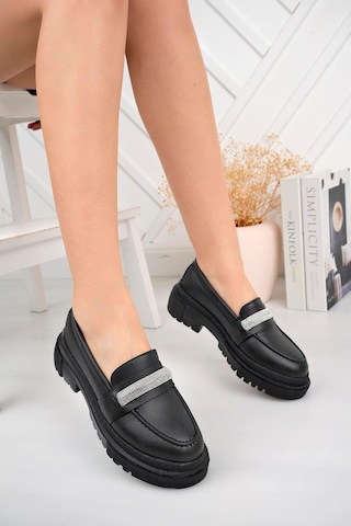 Aymood Kadın Loafer Yuvarlak Burun Maskülen Bağcıksız Yüksek Dolgu Taban Oxford Ayakkabı Siyah