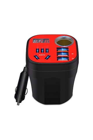 Skycity Araç Invertörü 12v/24v'den 220v'ye Dönüştürücü, Led Ekranlı, Qc3.0 Hızlı Şarj, Süper Şarj, Çok Fonksiyonlu Usb Soketi, Siyah 200w