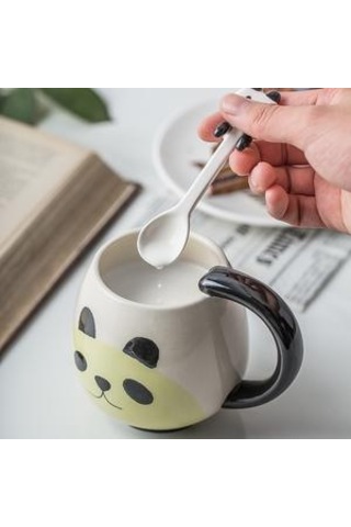 El Boyalı Kahve Fincanı Güzel Panda Seramik Kupa Çay Fincanı Inda Çay Kaşığı Kupalar Siyah A