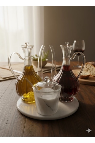 Morponi Cam Yağlık Ve Tuzluk Seti Mermer Altlıklı Şık Sunum 3'lü Set Glorry Çizgili Tasarım Şeffaf