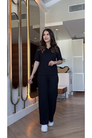 Tua Moda Kadın Kısa Kollu Yakalı Viskon Iki Iplik Bluz Ve Pantolon Ikili Takım Siyah