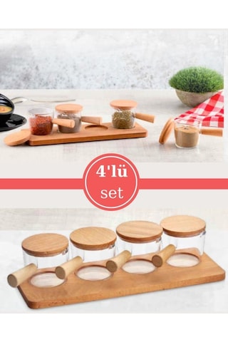 Flosoft Doğal Ahşap Stantlı Ahşap Kapaklı 4 Lü Mika Sosluk, Baharat Reçel Sos Sunum Seti