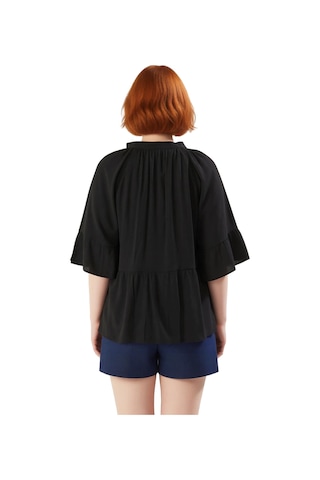 Ersefa Kadın Plus Size V Yaka Kısa Kol Dokuma Peplum Gömlek Konforlu Ve siyah